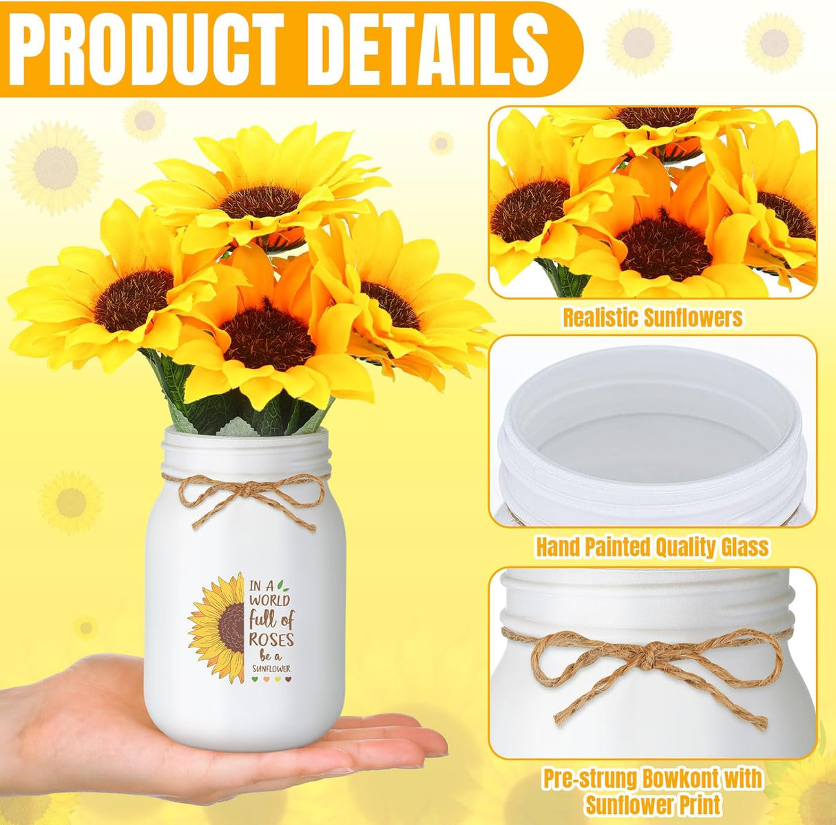 Set med 3 bordsdekorationer i masonburk med solrosmotiv – Rustik bordsdekoration MILA Sverige