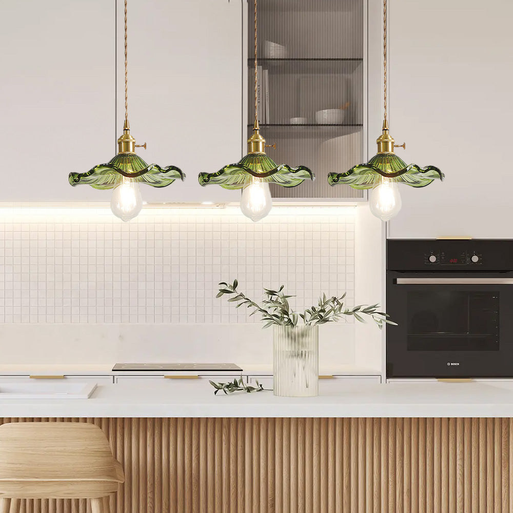 Art Nouveau Fluted Glass Pendant | Flower-Inspired Shade | H4.72in x D9.06-23.62in | Brass & Glass Craftsmanship | Brick by Brick Carvallo