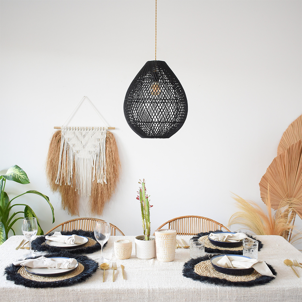 Boho Rattan Handvävd Svart Taklampa Carvallo