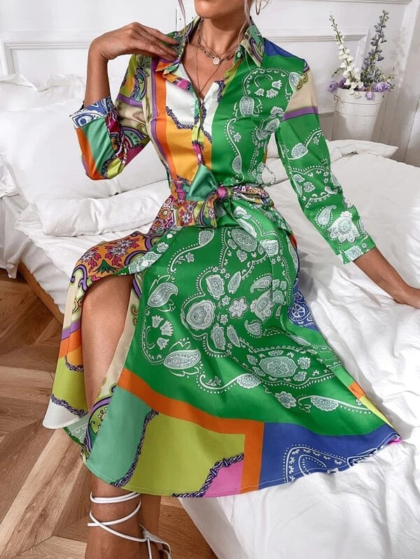 Print Belted skjortklänning med bälte-Clothes for women-Hemnix-Mörkgrön-S-Hemnix