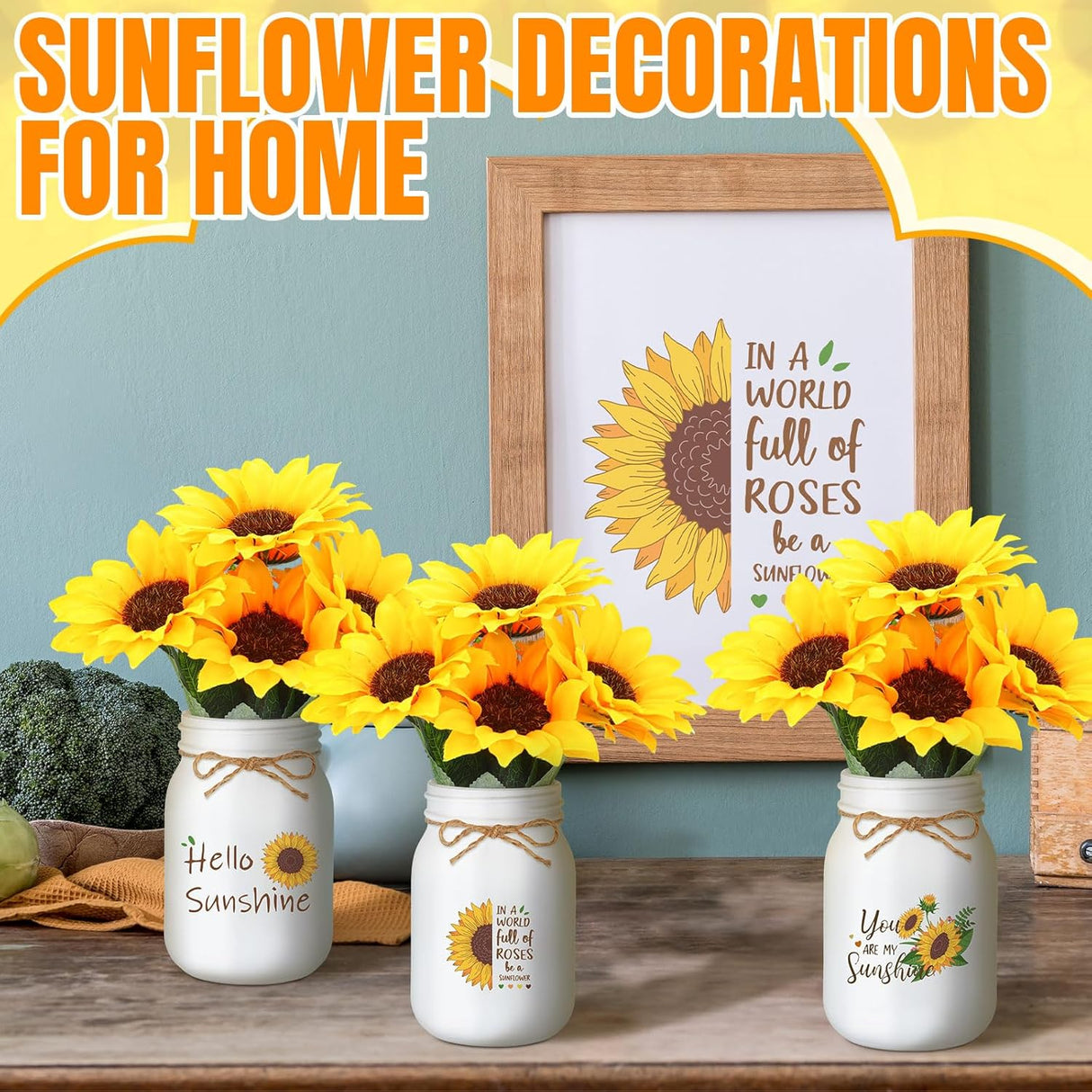 Set med 3 bordsdekorationer i masonburk med solrosmotiv – Rustik bordsdekoration MILA Sverige