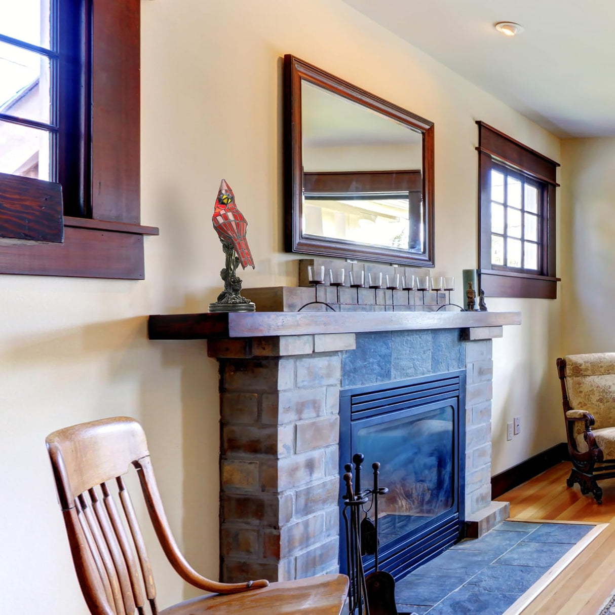 Färgat glas fågel bordslampa bronssockel Carvallo