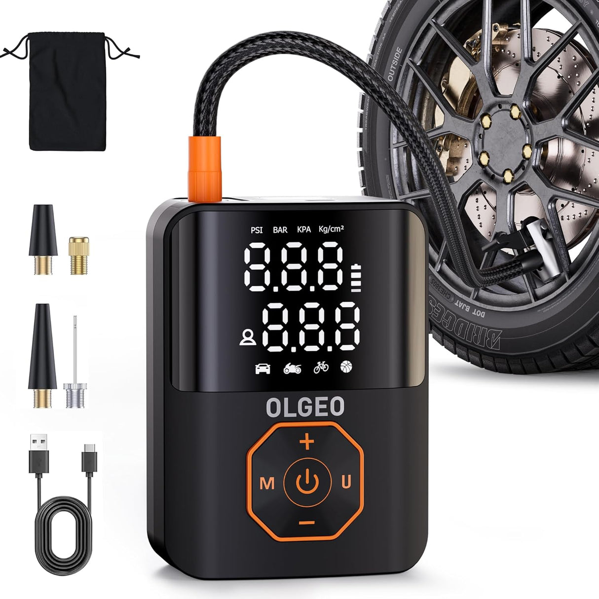 Carvallo Akku-luftkompressor 18000mAh | 160 PSI Kraft | Bärbar däcktryckpump för bil, motorcykel & cykel | Med tillbehör & väska Carvallo