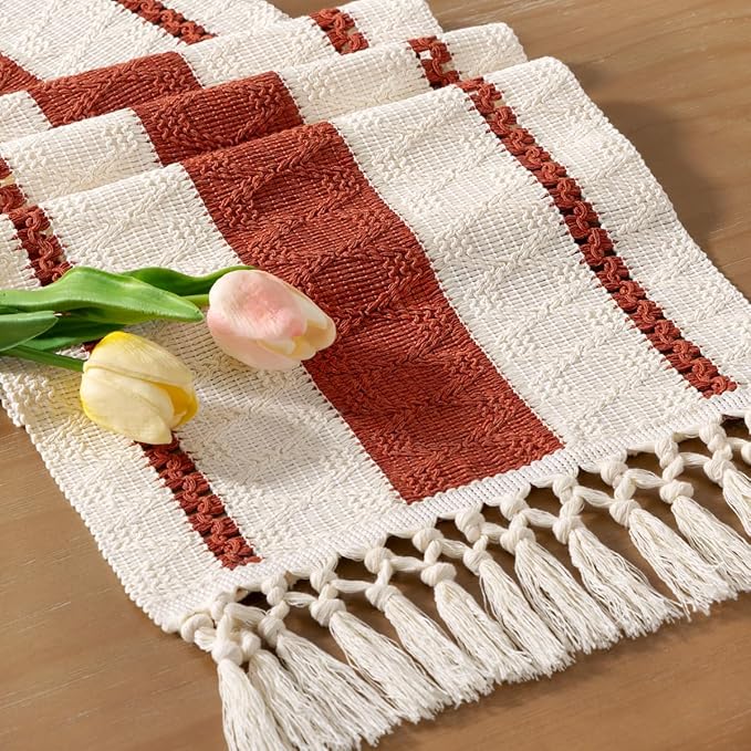 Boho Macrame-bordslöpare – Rustik bomulls- och linnedekor med tofsar MILA Sverige