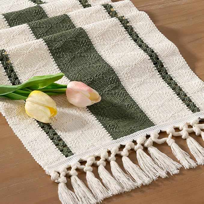 Boho Macrame-bordslöpare – Rustik bomulls- och linnedekor med tofsar MILA Sverige