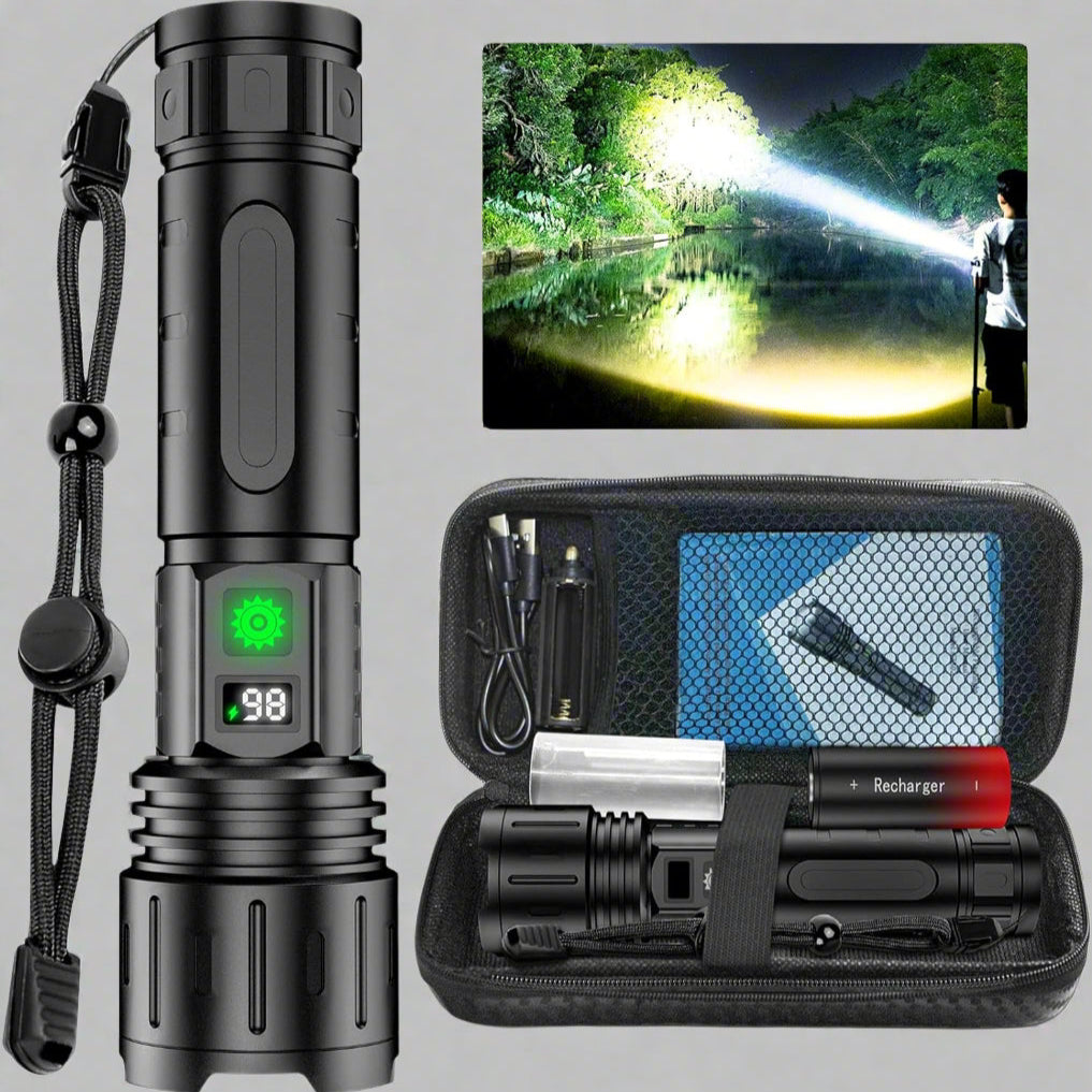 LuxRoyale 100,000 Lumen Taktisk Ficklampa – Laddningsbar LED-lampa med Power Bank, LCD-display och 3280 fot räckvidd Carvallo