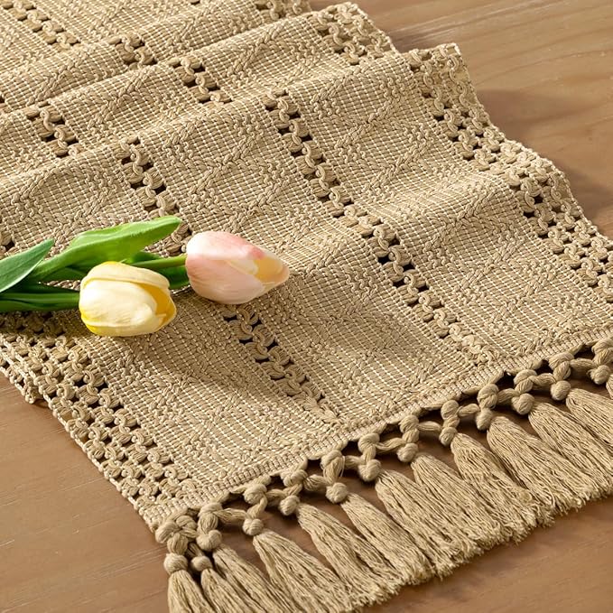 Boho Macrame-bordslöpare – Rustik bomulls- och linnedekor med tofsar MILA Sverige