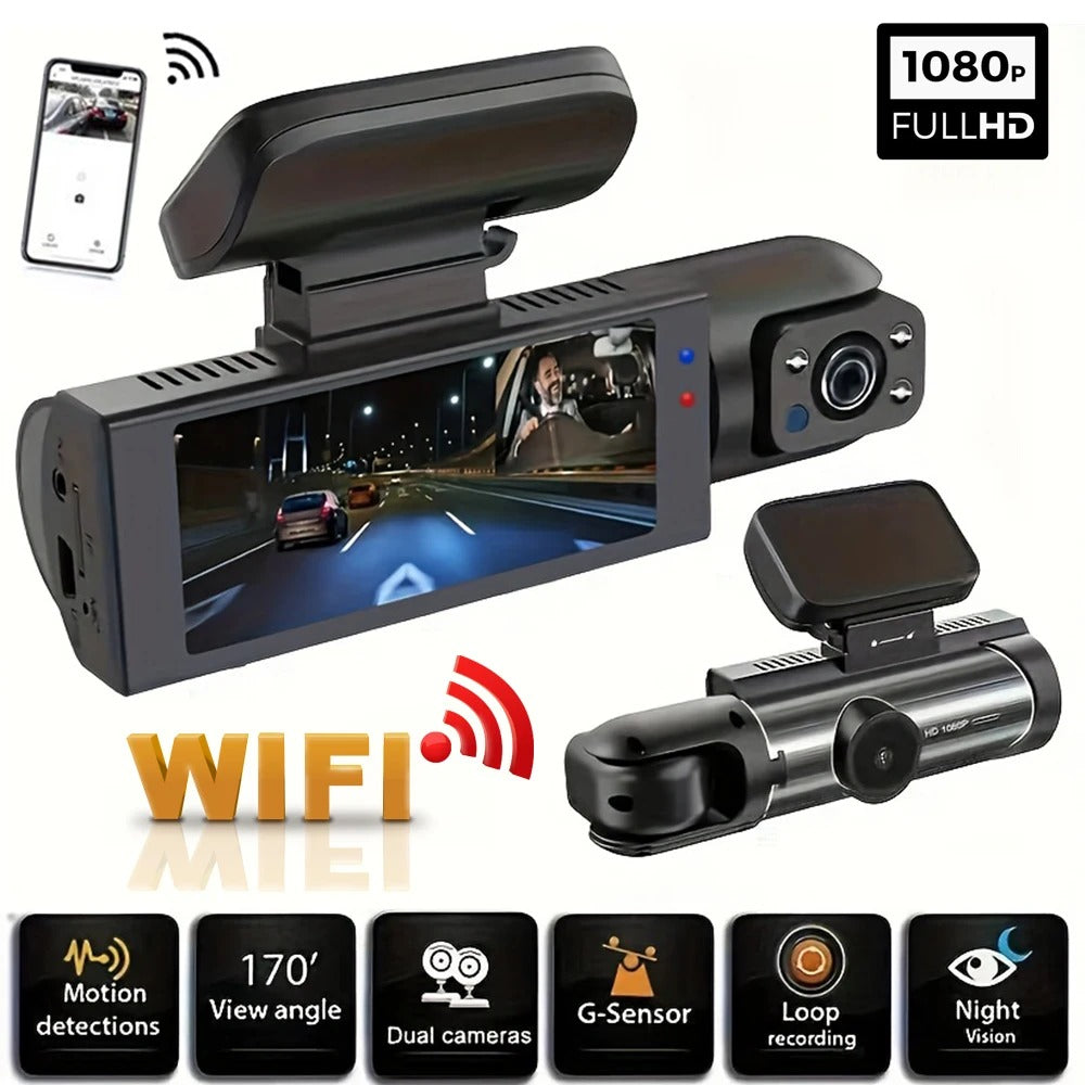 1080P WiFi Dubbelkamera Dash Cam – Främre & Inuti Bilkamera med IR Nattvision & Loopinspelning Carvallo
