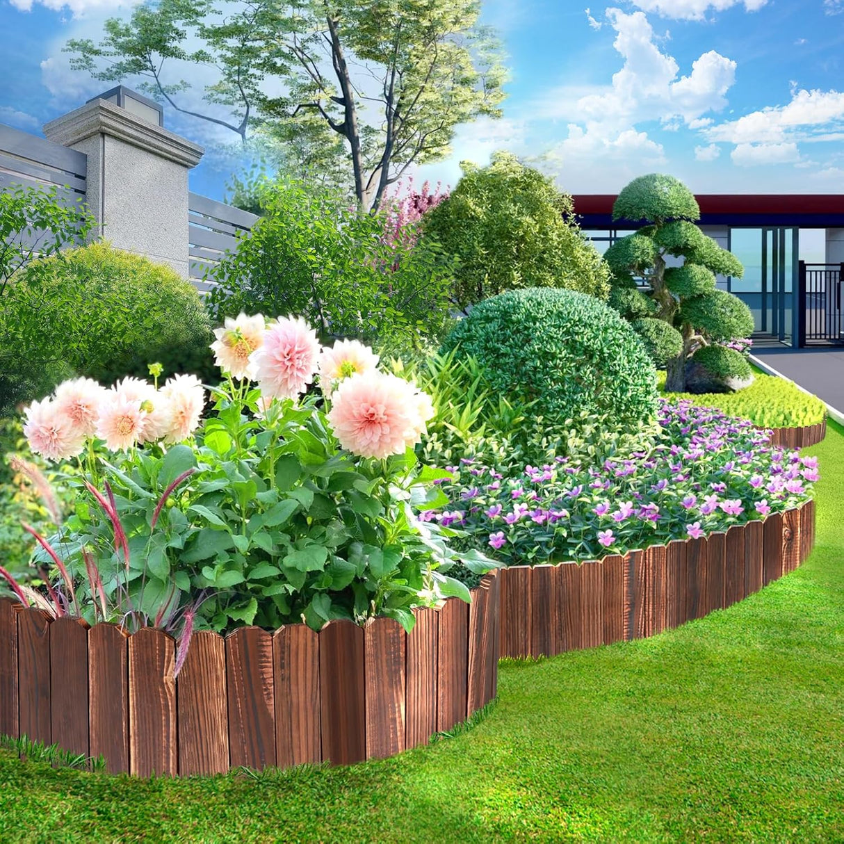 Flexibel trädgårdsstängsel i trä – Dekorativ kant för rabatt för trädgård & terrass Carvallo