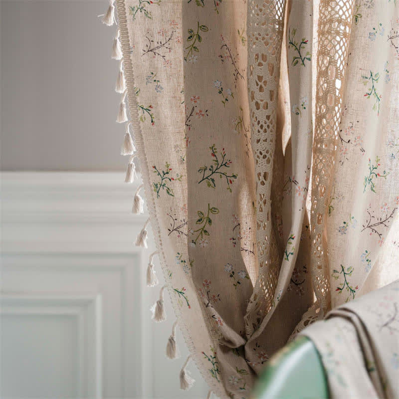 Floral Rutigt Splicing Bomull Linne Fringed Gardin Carvallo