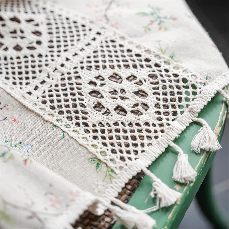 Floral Rutigt Splicing Bomull Linne Fringed Gardin Carvallo