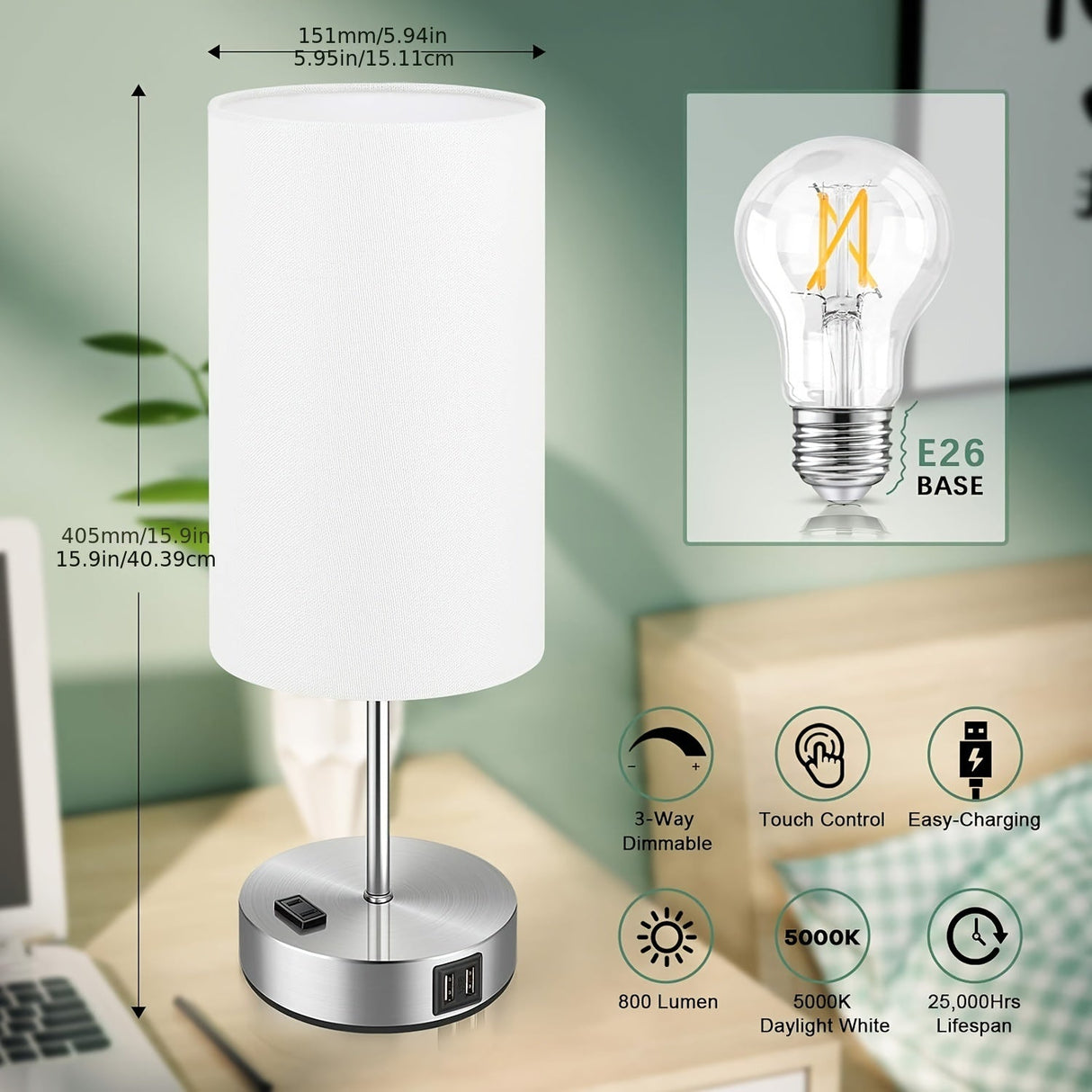 Lumora Sängbord Laddningslampa – Touch Control LED Nattduksbordslampa med USB-port Carvallo