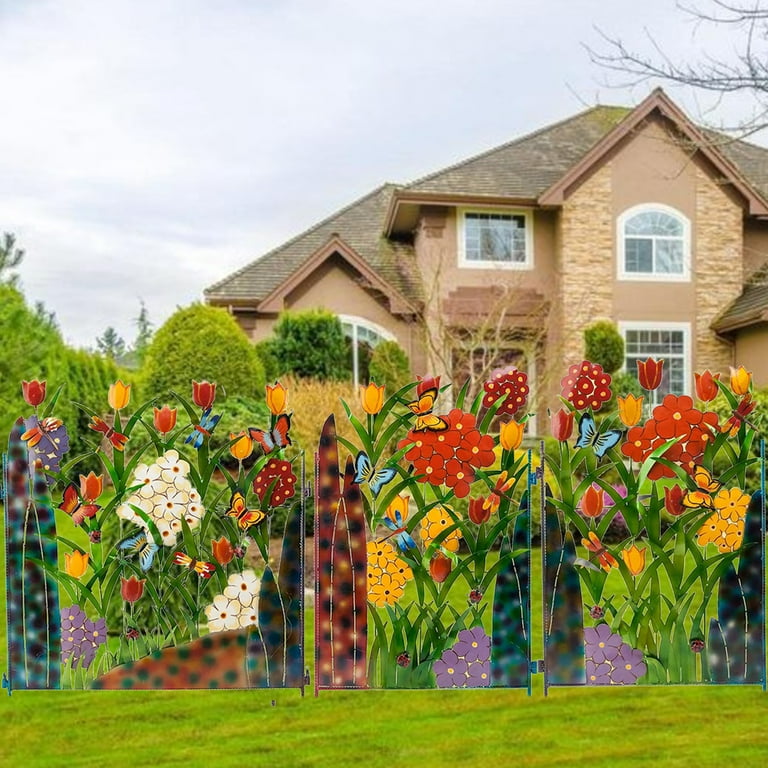 Färgglad trädgårdsgärdsdekoration med blommor och fjärilar – Metallstaket för trädgård och terrass Carvallo