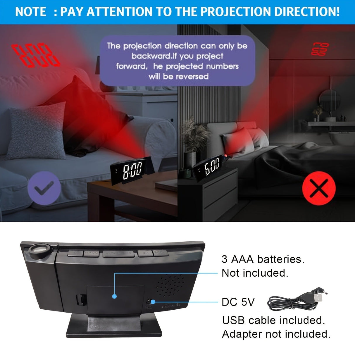 Digital projektionsväckarklocka – LED-display och snooze-funktion med justerbar ljusstyrka Carvallo