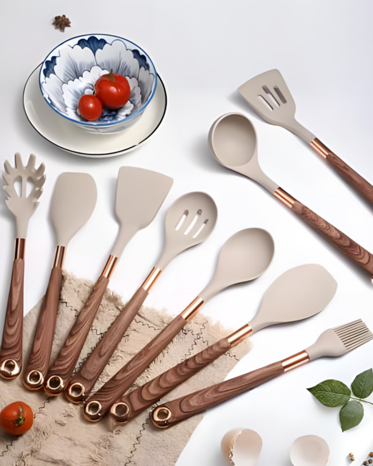 11-delars Köksredskap i Silikon – Non-Stick Kökset med Faux Wood & Metallhandtag Hemnix