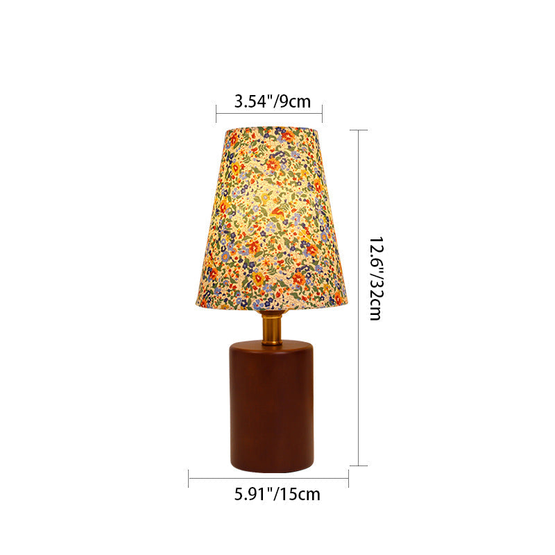 Vintage rund LED-bordslampa – handmålad blommig trä- och tygdesign MILA Sverige