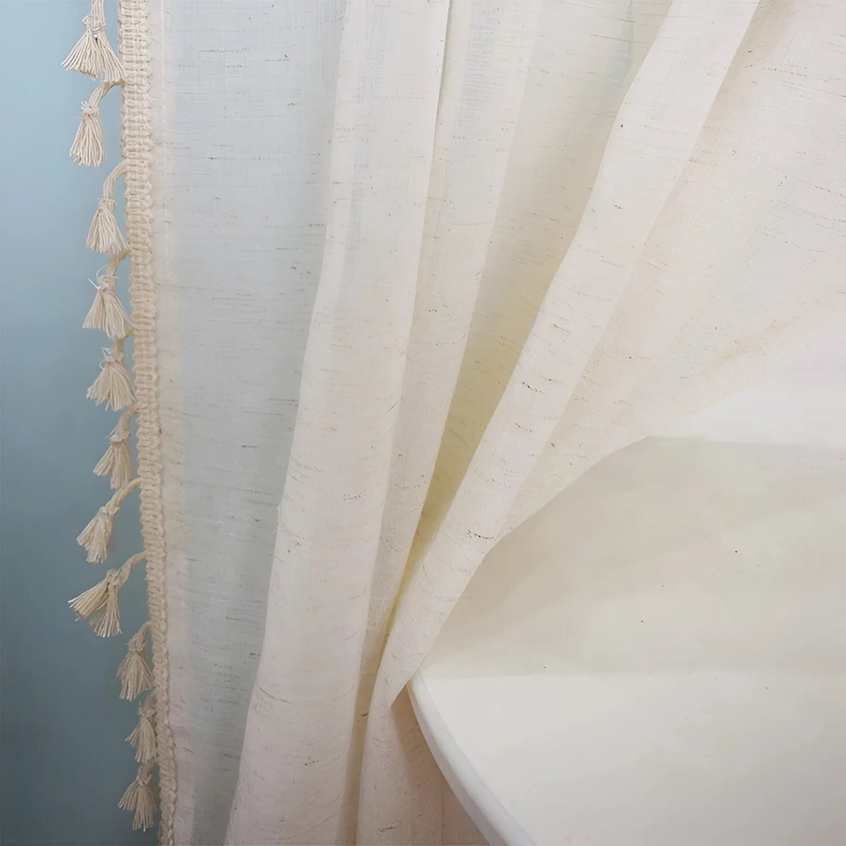 Boho bomullslinne semi-genomskinliga gardiner med fransar Carvallo