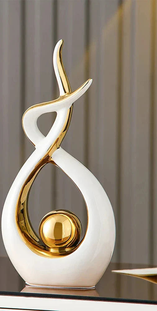Abstrakt Keramisk Skulptur | Modern Inredning med Guld Accenter | Hylla eller Skrivbordsornament Carvallo