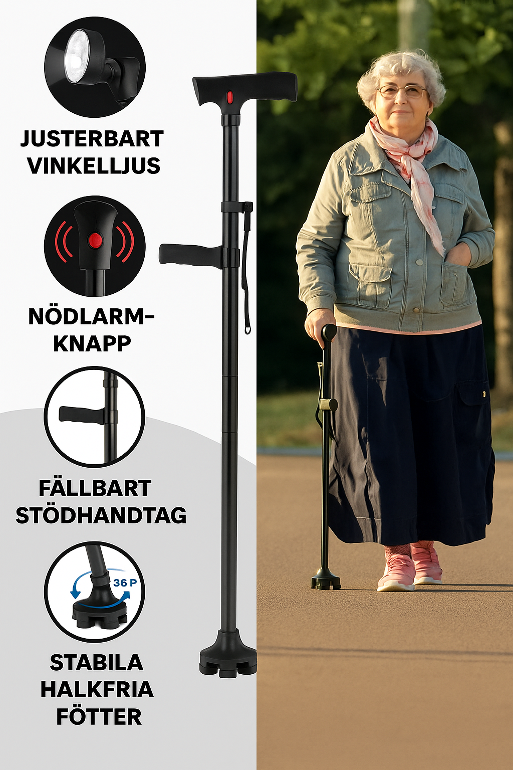 Multifunktionell senior käpp med LED-ljus, larm, dubbelhandtag & halkfri fot-VaruZ-Hemnix