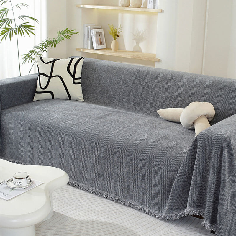 CozyWeave Sofföverdrag i Chenille – Elegant Fiskbensmönster med Dekorativa Tofsar Hemnix
