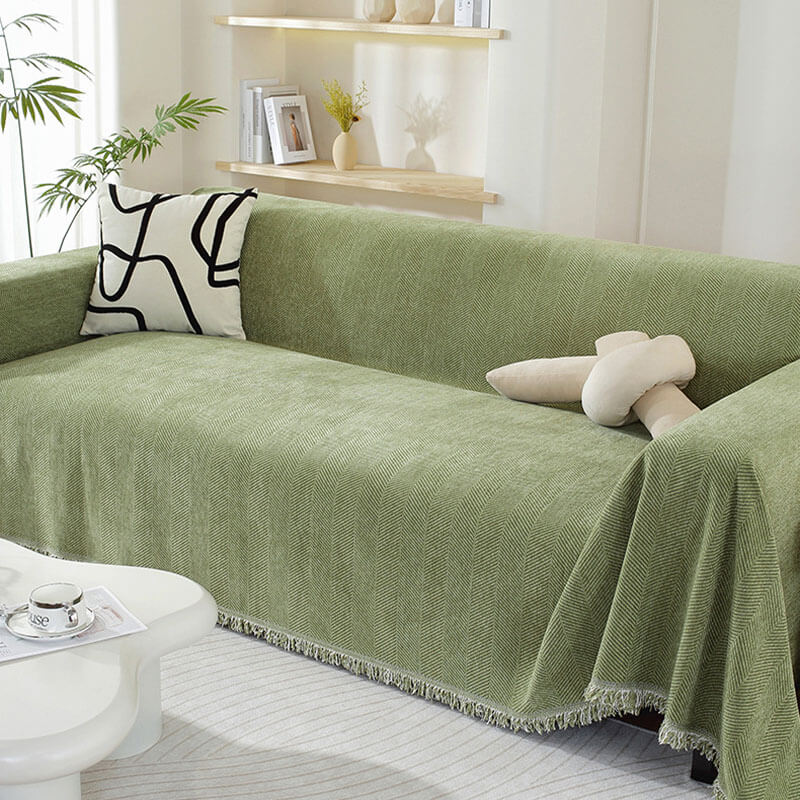 CozyWeave Sofföverdrag i Chenille – Elegant Fiskbensmönster med Dekorativa Tofsar Hemnix