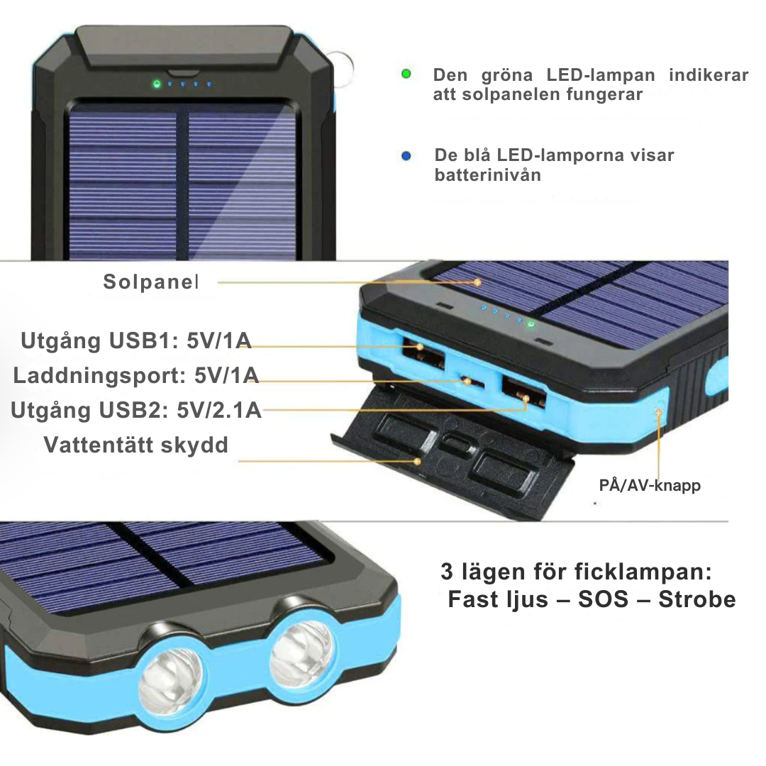 Solcells-Powerbank med dubbel laddning (USB och solcell)-VaruZ-Hemnix