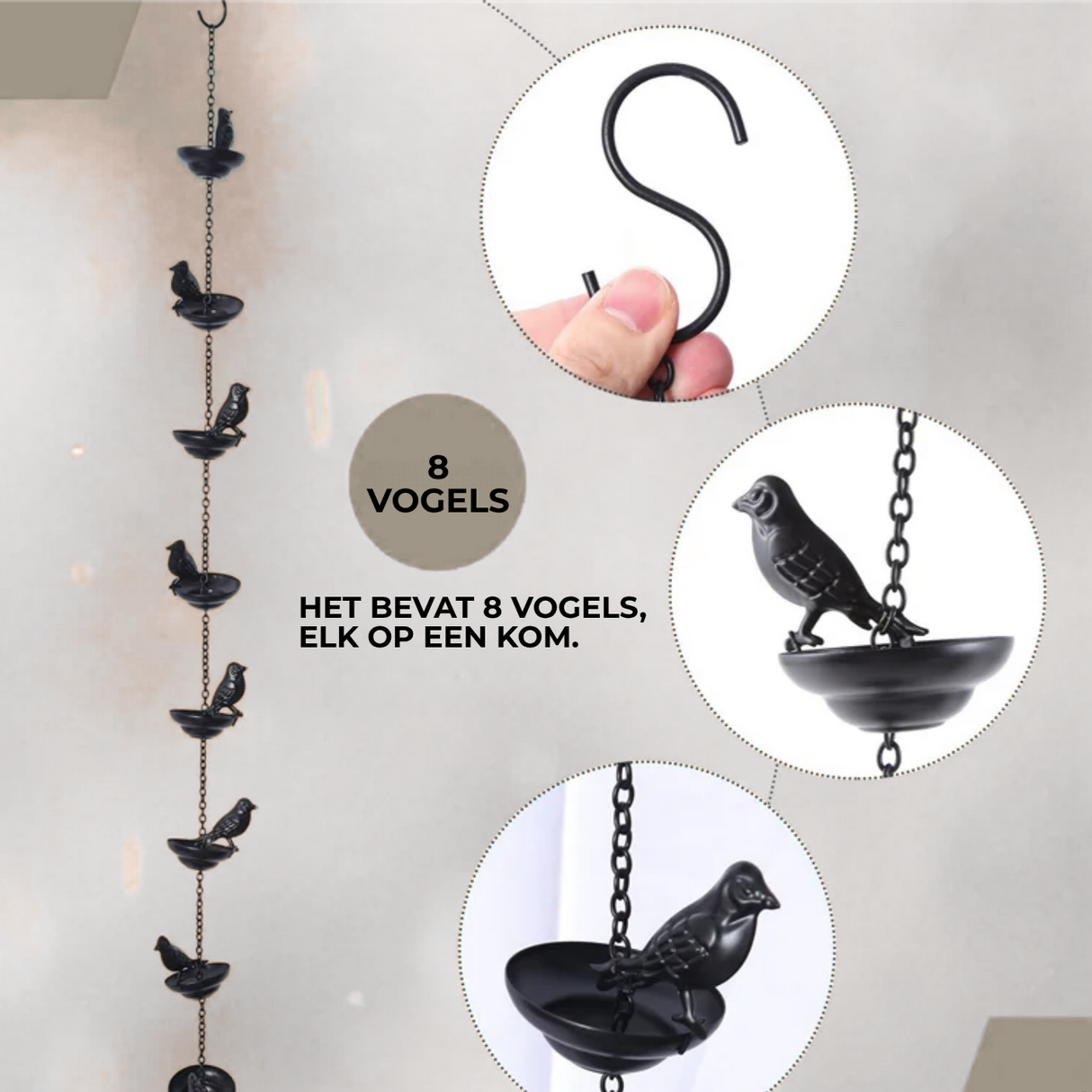 RainSong – Hängande regnkedja i metall för utomhusbruk med dekorativa fåglar och koppdetaljer MILA Sverige