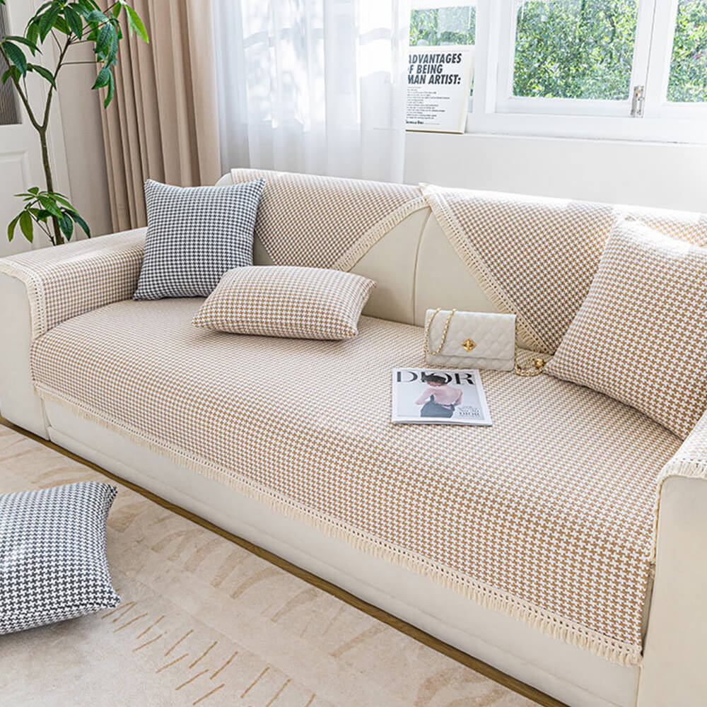 Houndstooth-mönster Elegant Fringed Mjuk Bomulls-linne Sofföverdrag Carvallo