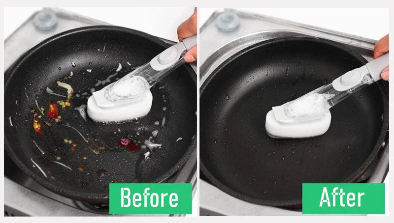 Carvallo 2-i-1 Diskborste med tvålpump & utbytbara huvuden | Långt handtag & skrapa | För kastruller, stekpannor & tallrikar Carvallo