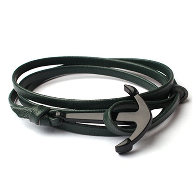 Läder för män med ankare armband-Jewelry for men-Hemnix-Mörkgrön-19cm-Hemnix