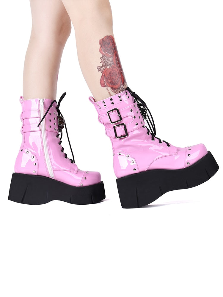 Rosa gotiska spetsar upp plattformsstövlar-Shoes for Women-Hemnix-Hemnix