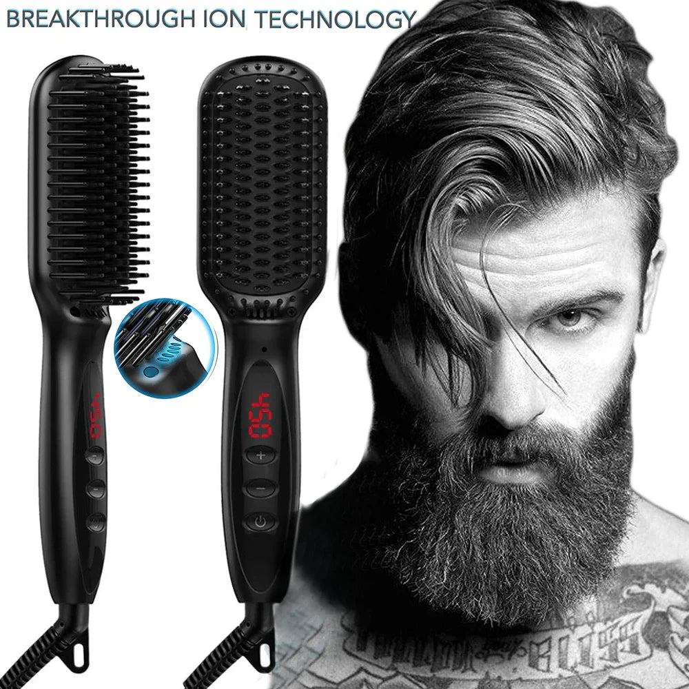 Carvallo HeatBrush Elektrisk Slätborste för Skägg & Hår | 12 Temperaturnivåer | LCD-Display | Anti-Frizz & Ionteknologi Carvallo