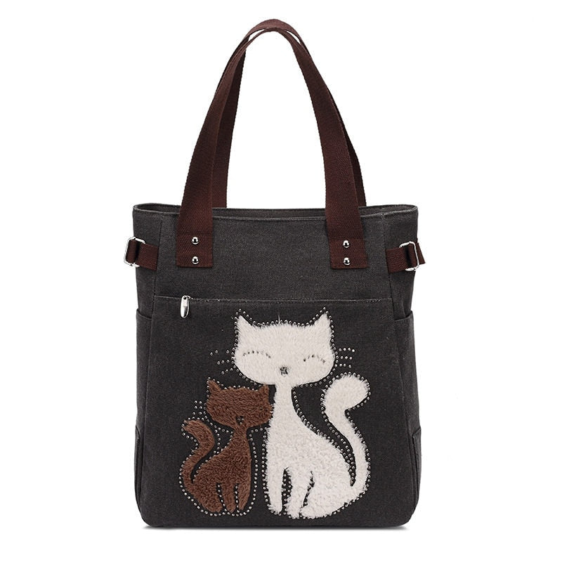 Katt broderi Canvas väska-Accessories-Bellasverige-Svart-Hemnix