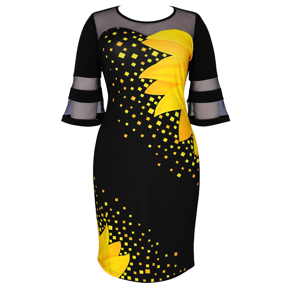 Plus storlek solros print casual klänning-Clothes for women-Hemnix-Hemnix