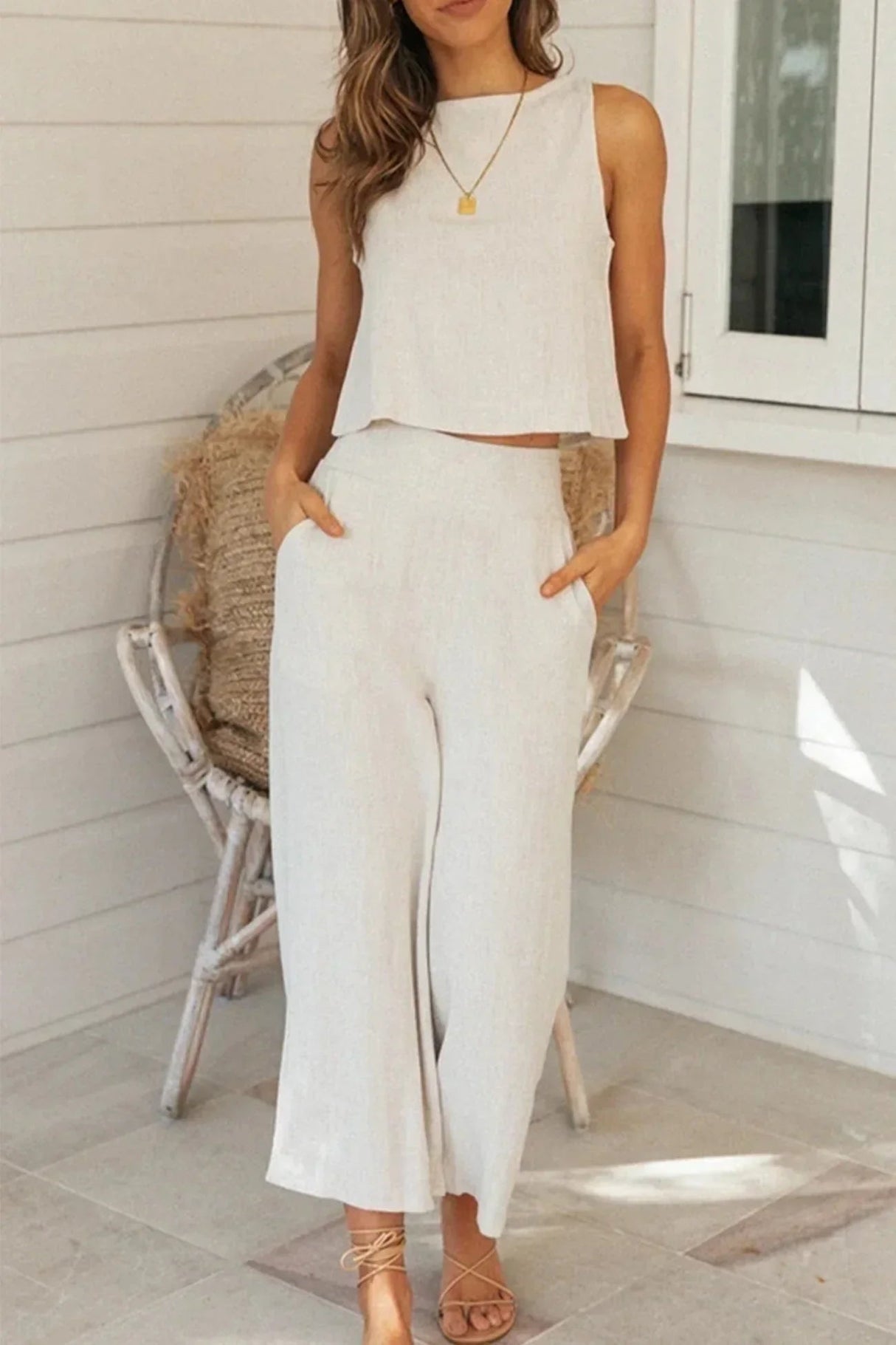 Dam Linneuppsättning Skjorta och Byxor 100% Linne Bellasverige