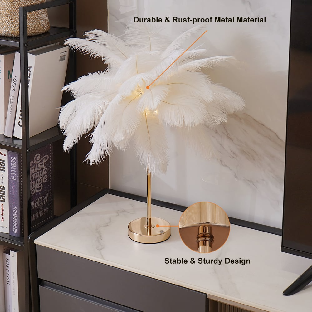 Art Deco Feder Guld Gildad Bords Lampa Med Mjuk Ljus Carvallo