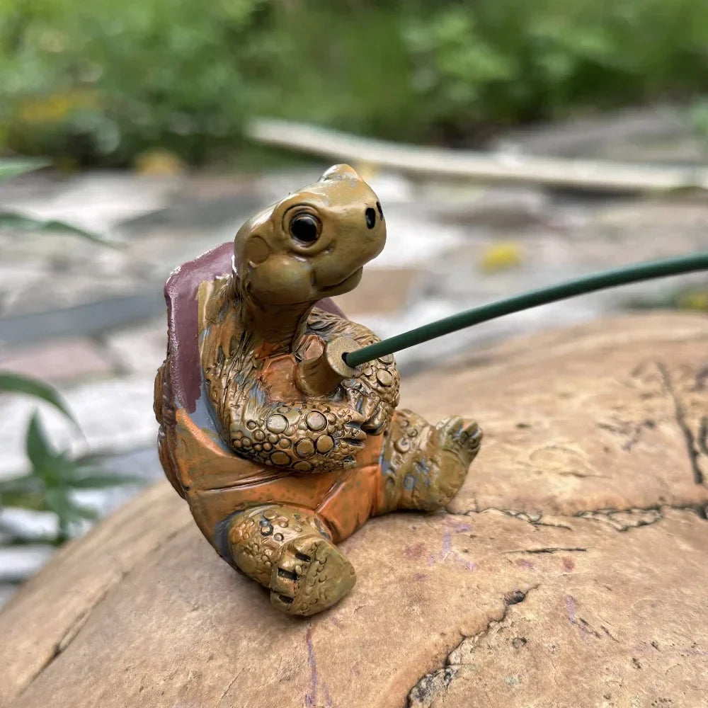 Söt Sköldpadds Trädgårdsstaty med Fiskesnöre Dekorativt Ornament Carvallo