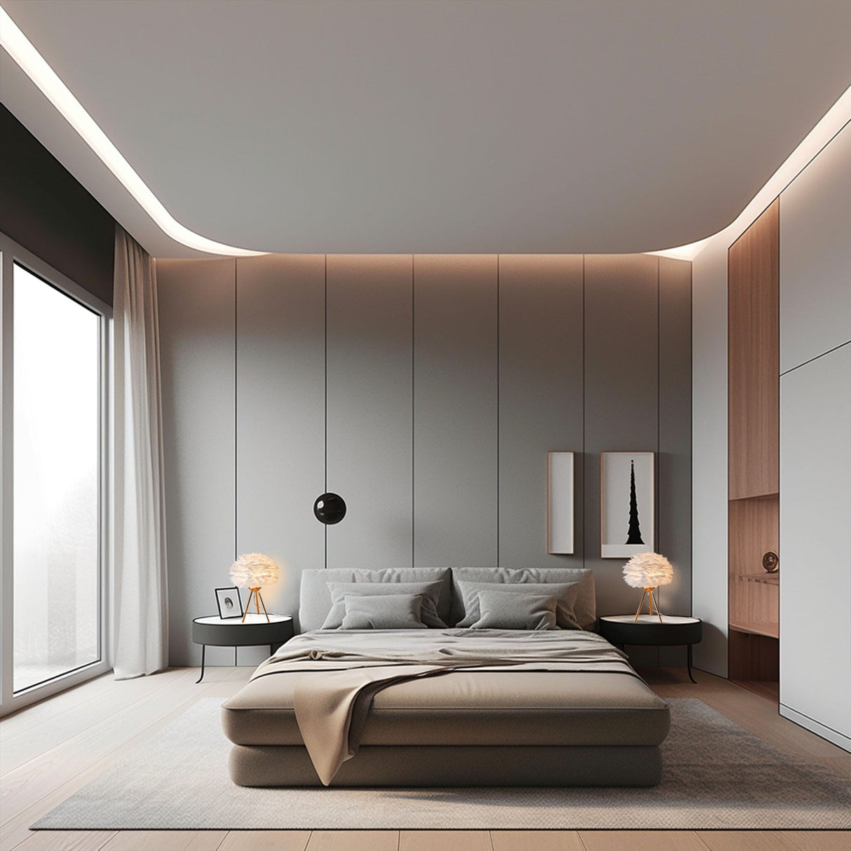 Elegant fjädrar bordslampa med mjukt gyllene ambient ljus Carvallo