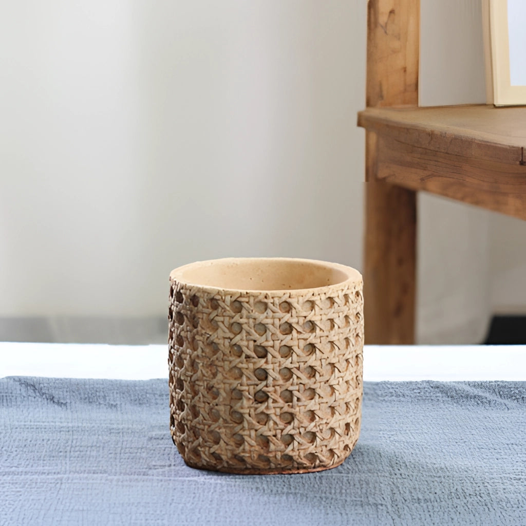 Naturlig Rattan Texturerad Cementplanter – Modern Cement Blumentopf med Naturutseende för inomhus- och utomhusområden Carvallo