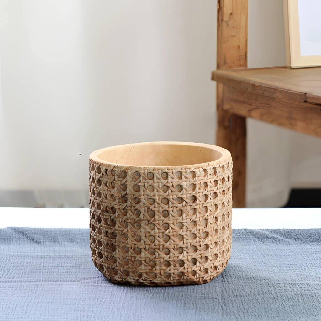 Naturlig Rattan Texturerad Cementplanter – Modern Cement Blumentopf med Naturutseende för inomhus- och utomhusområden Carvallo