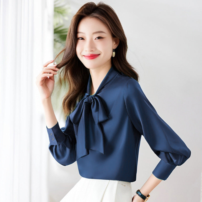 Dam Blus Elegant Silkelook Klassisk Feminin Design Polyester-Kvinnors blusar-Hemnix-Marinblå-M-Hemnix