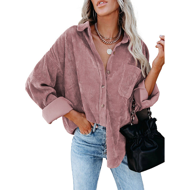 Dam Oversized Skjorta Corduroy Mjuk Bomull-Skjortor-Hemnix-Rosa-L-Hemnix
