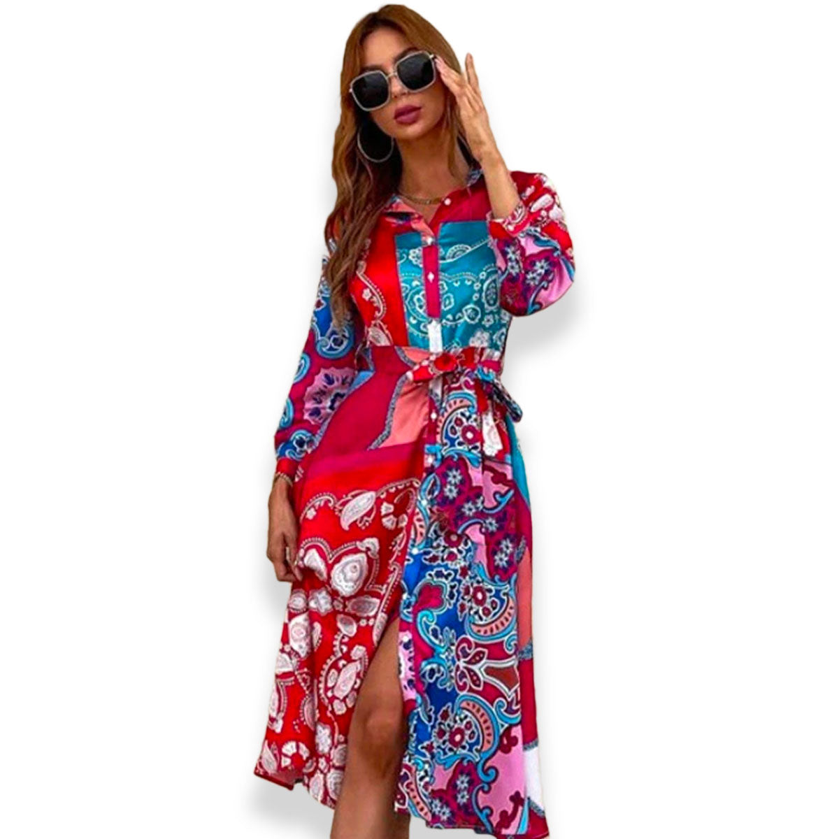 Print Belted skjortklänning med bälte-Clothes for women-Hemnix-Röd-S-Hemnix