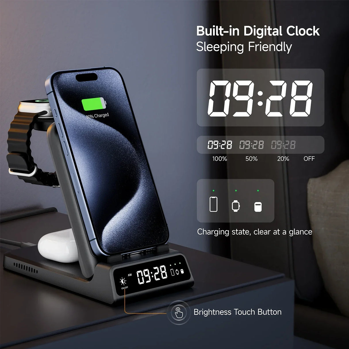 Royallure 3-i-1 Trådlös Laddstation – Snabbladdare för Telefon, Klocka & Hörlurar Carvallo