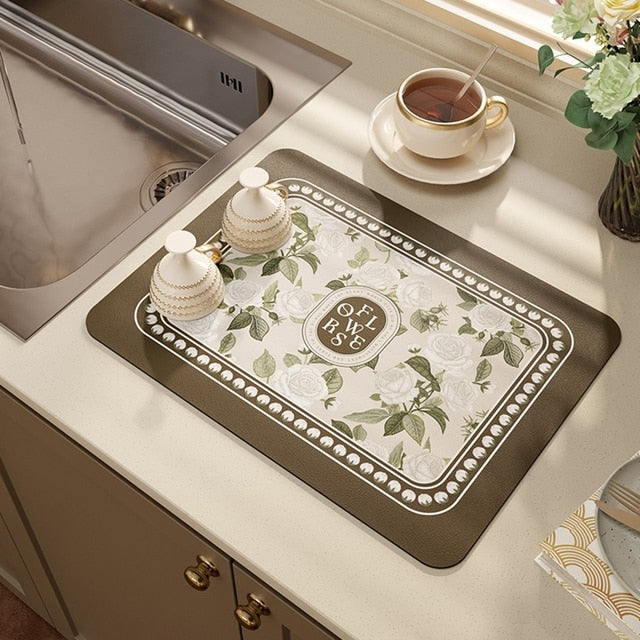 Royallure Absorbent Dish Drying Mat – Floral Polyester Bänkskydd, Anti-Slip & Snabbtorkande Carvallo