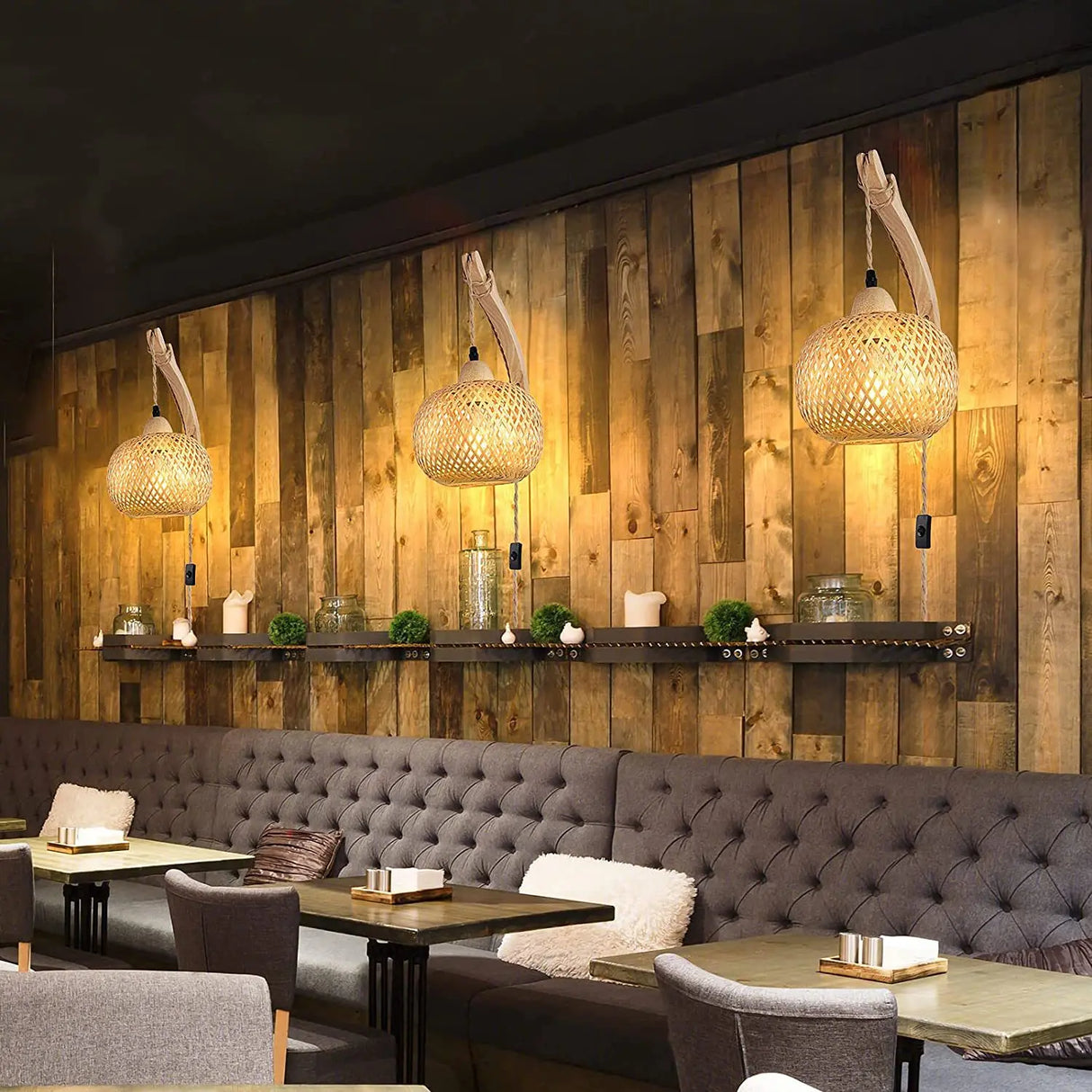 Royallure Bamboo Rattan Vägglampa Handvävd Korgbelysning för Rumsinredning Carvallo