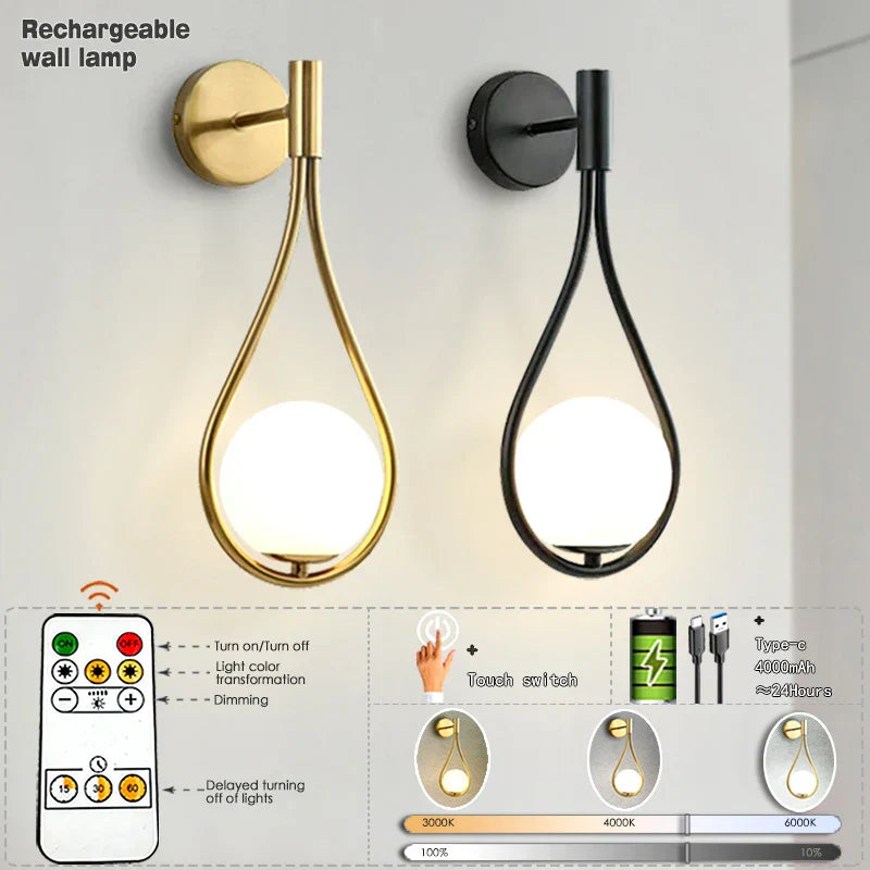 Royallure Modern LED Vägglampa USB Uppladdningsbar med Fjärrkontroll, Dimbara Nordisk Ljus Carvallo