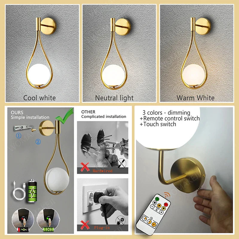 Royallure Modern LED Vägglampa USB Uppladdningsbar med Fjärrkontroll, Dimbara Nordisk Ljus Carvallo