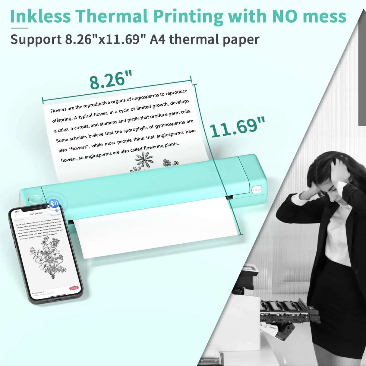 Royallure Pocket Thermal Printer – Kompakt bläckfri, Bluetooth Skriv ut var som helst Carvallo