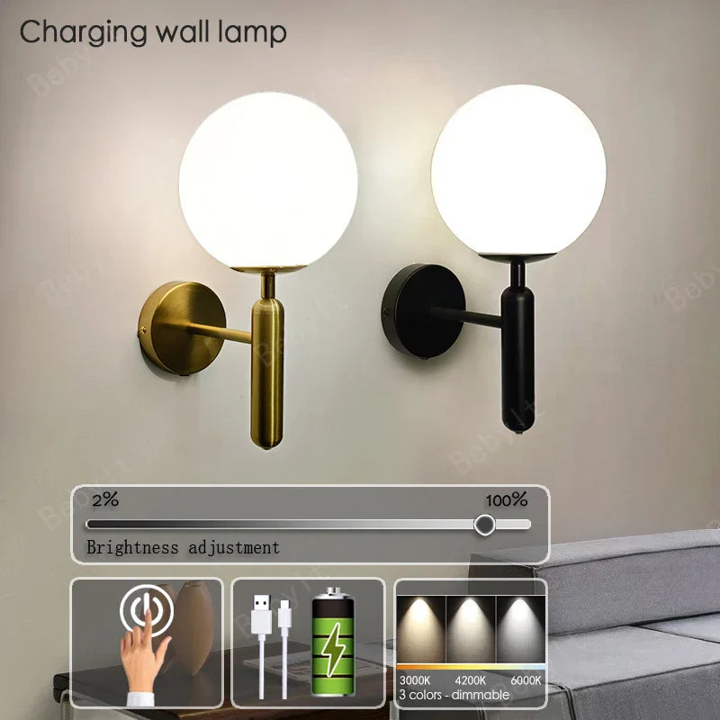 Royallure Touch Control Charging LED Vägglampa Trådlös Tri-Färg Dimmbar Sänglampa Carvallo